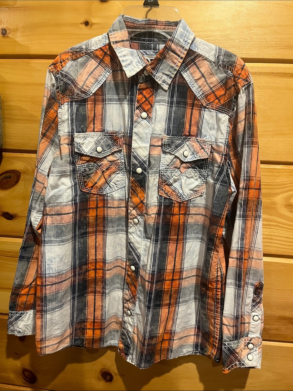 Boys BKE Orange and Blue Plaid Button-Up Shirt